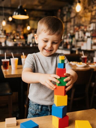 7세의 유럽계 남성이 아늑한 카페에서 편안한 티셔츠와 청바지를 입고 즐겁게 색색의 블록을 쌓고 있는 모습의 전체 신체 사진. 그의 표정은 활발하고 즐거우며, 음료와 간식으로 가득한 아늑한 분위기 속에 있습니다.