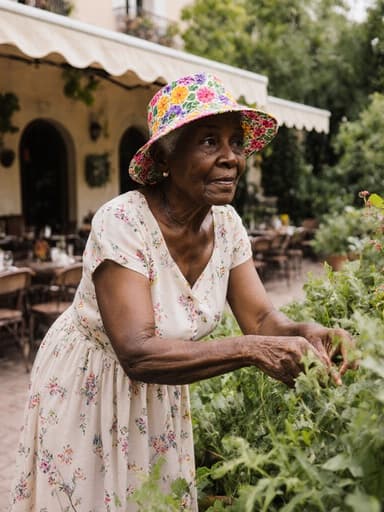이 이미지는 여름 원피스와 꽃무늬 모자를 쓴 70대 아프리카계 여성이 정원을 돌보며 외로운 표정을 짓고 있는 모습을 담고 있습니다. 아늑한 카페 테라스에서 촬영된 이 장면은 잘 가꾸어진 정원의 푸르름이 고요한 분위기를 더하며, 자연의 아름다움과 순간의 감정을 반영하도록 초대합니다.
