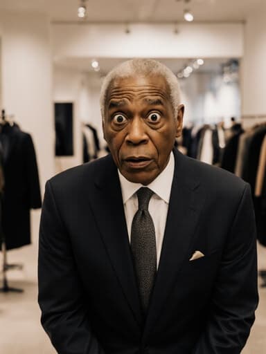 60대의 세련된 흑인 남성이 정장과 넥타이를 착용하고 놀란 표정을 지으며, 가슴에 손을 대고 약간 앞으로 기울어져 있습니다. 배경은 다양한 의상이 진열된 패션 매장 내부로, 생동감 있고 매력적인 분위기를 만들어냅니다.