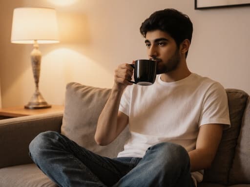 10대 후반의 중동계 남성이 아늑한 거실에서 편안하게 앉아 있는 모습이 담긴 반신 샷입니다. 그는 캐주얼한 티셔츠와 청바지를 입고, 커피 컵을 손에 들고 차분한 표정으로 음료를 즐기고 있습니다. 배경은 소파와 테이블이 있는 잘 꾸며진 공간으로, 따뜻하고 초대하는 분위기를 연출합니다.