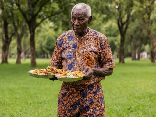 이미지에는 화려한 전통 의상을 입고 평화로운 공원에 서 있는 80대 아프리카계 남성이 담겨 있습니다. 그는 전통 음식을 만들기 위한 재료를 들고 있지만, 지루한 표정을 지으며 요리에 대한 흥미가 없는 듯한 모습입니다.