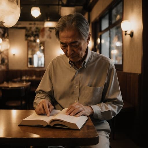 60대 동양인 남성이 자연스러운 외모로 편안한 캐주얼 셔츠와 바지를 입고, 의기소침한 표정으로 책상 위에 있는 책을 바라보고 있는 반신 사진. 아늑한 카페 분위기에서 따뜻함과 편안함을 발산합니다.