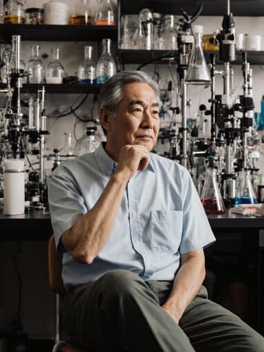 연구실에 있는 50대 아시아계 남성의 반신 사진으로, 편안한 복장을 하고 손으로 턱을 괸 채 지루한 표정을 지으며 복잡한 실험 장비에 둘러싸여 있습니다.