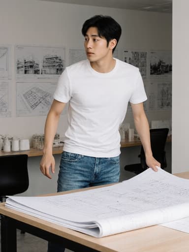20대 동양인 남성이 현대적인 사무실에서 건축 도면이 놓인 테이블 근처에서 점프하고 있으며, 캐주얼한 흰색 티셔츠와 청바지를 입고 무관심한 표정을 지으며 다양한 건축 모델에 둘러싸여 있습니다.