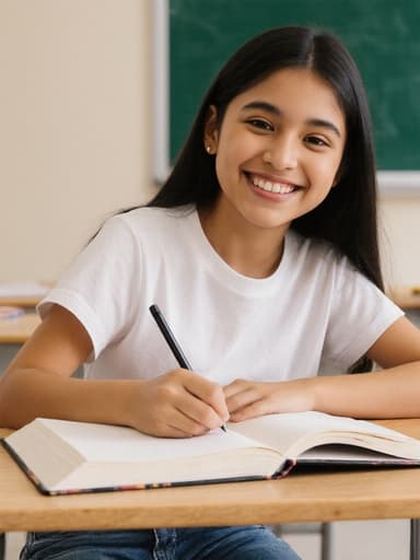 밝고 아늑한 교실에서 노트에 열심히 작성하며 미소 짓고 있는 편안한 복장의 젊은 라틴계 소녀 모습, 칠판과 책상이 배경에 보입니다.