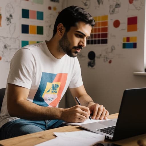 30대 라틴계 남성이 아늑한 창작실의 책상에 앉아 편안한 디자인 티셔츠와 청바지를 입고 있습니다. 그는 활기찬 표정으로 노트북을 바라보며 아이디어를 메모하고 있으며, 주변 벽에는 다양한 디자인 스케치와 색상 샘플이 붙어 있습니다.