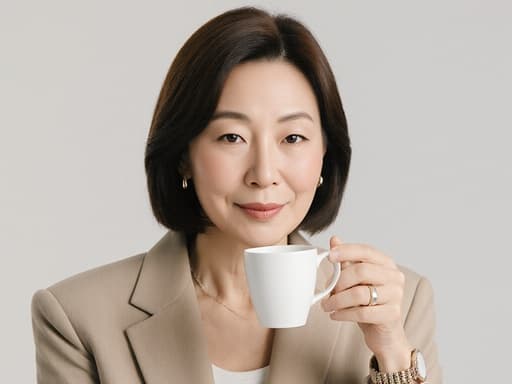 40대 한국인 여성의 반신 샷으로, 자연스러운 아름다움을 보여줍니다. 편안한 캐주얼 의상과 세련된 액세서리를 착용하고 있으며, 커피잔을 들고 여유롭게 마시는 모습에서 평온한 표정을 짓고 있습니다. 배경은 깔끔하고 세련된 모던 스튜디오로, 전체적인 장면에 세련미를 더합니다.