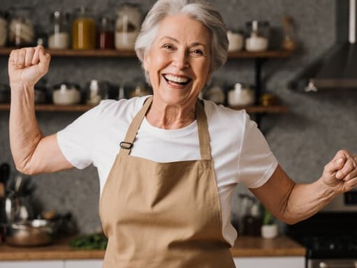 50대 한국인 여성이 주방용 앞치마와 캐주얼한 티셔츠를 입고 즐겁게 점프하며 요리하는 모습을 담은 반신 사진. 아늑하고 현대적인 주방에서 잘 정리된 주방 용품과 신선한 재료들이 배치되어 있어 따뜻함과 행복감을 발산하고 있습니다.