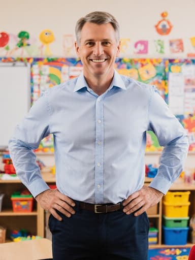 50대 백인 남성 유치원 교사가 아기자기한 교실에서 편안한 셔츠와 바지를 입고 손을 허리에 얹고 서 있습니다. 그는 아이들이 오는 것을 기대하며, 따뜻하고 초대하는 분위기 속에서 교육의 즐거움을 표현하고 있습니다.