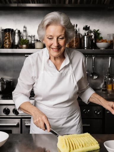 60대의 유럽계 여성, 흰색 요리사의 앞치마와 편안한 블라우스를 입고 현대적인 레스토랑 주방에서 바닥을 청소하며 요리에 대한 사랑을 드러내고 있습니다. 다양한 주방 기구와 신선한 식재료들이 배경을 이루고 있습니다.