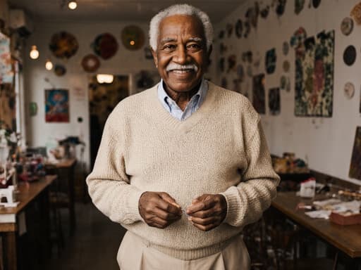 80대 아프리카계 남성이 편안한 니트 스웨터와 편안한 바지를 입고 아늑한 카페에 서 있는 반신 사진입니다. 그는 바느질 도구를 손에 들고 고마워하는 미소를 지으며, 벽에는 여러 가지 바느질 작품들이 장식되어 있어 아늑한 분위기를 만들어냅니다.