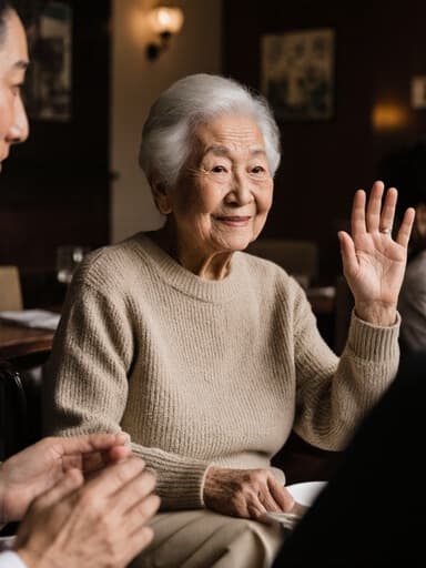 80대의 동양인 여성의 반신 사진으로, 부드러운 주름과 온화한 미소를 지닌 모습입니다. 편안한 니트 스웨터와 베이지색 바지를 착용하고 있으며, 가족을 바라보며 걱정스러운 표정을 짓고 있습니다. 손을 흔들며 가족에게 인사하는 자세를 취하고 있습니다. 배경은 아늑한 카페 내부로, 따뜻한 분위기를 자아내며 가족 간의 대화에 적합한 공간입니다.
