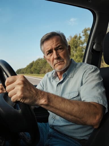 자연스러운 외모를 가진 40대 백인 남성이 캐주얼한 셔츠와 청바지를 입고, 야외 도로에서 긴장한 자세로 운전대를 두 손으로 잡고 걱정스러운 표정을 짓고 있는 반신 사진. 주변에는 나무와 맑은 하늘이 있어 긴박감과 집중감을 강조하고 있습니다.