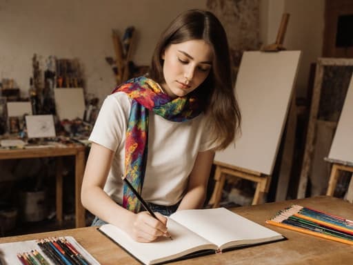 자신감 넘치는 유럽계 10대 여성이 반신 샷으로 촬영되었습니다. 편안한 티셔츠와 청바지에 화사한 스카프를 매치하고 있습니다. 테이블 위에 놓인 스케치북을 바라보며 연필을 손에 쥐고 창작 과정에 몰입하고 있습니다. 다양한 미술 도구와 캔버스로 가득한 아틀리에의 따뜻한 분위기가 이미지를 더욱 돋보이게 합니다.