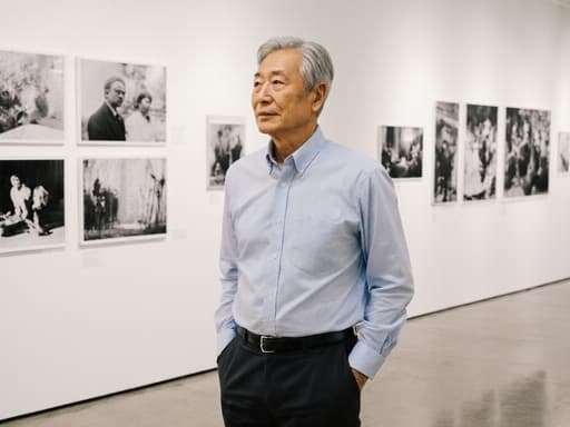 60대 동양인 남성이 자연스러운 외모로, 깔끔한 셔츠와 바지를 입고 편안한 구두를 신은 채 여유로운 표정을 지으며 사진 전시회를 기다리는 모습의 반신 샷입니다. 한 손은 주머니에 넣고 다른 손은 허리를 가볍게 감싸고 있습니다. 배경은 다양한 작품들이 전시되어 있는 밝고 현대적인 사진 전시 공간으로, 세련되고 창의적인 분위기를 더합니다.