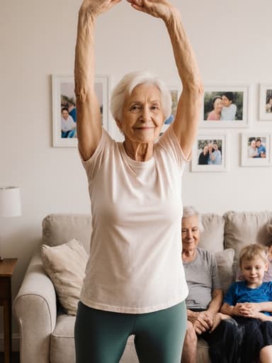 차분한 표정의 70대 백인 여성이 편안한 티셔츠와 레깅스를 입고 가족과 함께 아늑한 거실에서 스트레칭을 하고 있는 모습의 반신 사진. 가족 사진이 걸린 벽과 편안한 소파가 있는 배경에서 가족과의 소중한 시간을 강조하며 평화로운 감정을 전달합니다.