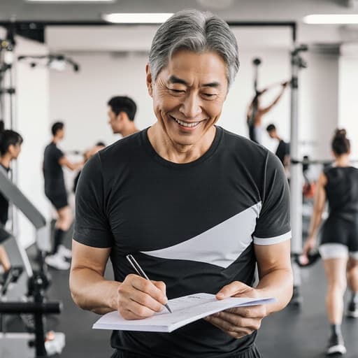 50대 아시아계 남성이 매력적인 미소를 지으며 운동 프로그램에 대한 내용을 정리하는 모습이 담긴 반신 상반신 촬영. 운동 중인 선수들이 있는 북적이는 훈련 공간에서, 그의 스타일리시한 운동복과 운동화는 현대적인 피트니스 라이프스타일을 반영하며, 동기 부여의 분위기를 더합니다.