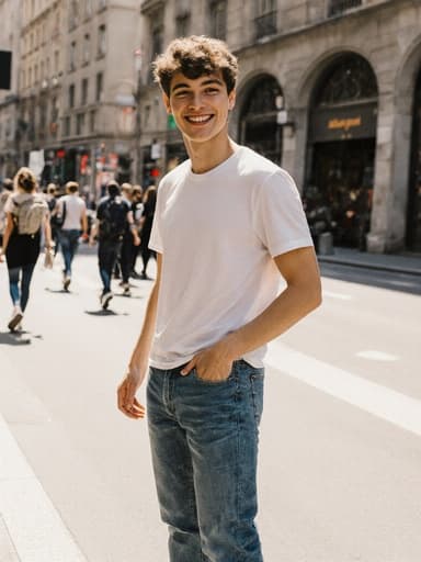 유럽계 10대 남성이 밝은 미소를 지으며 캐주얼하게 도시 거리에서 서 있는 풀 바디 샷. 그는 티셔츠와 청바지, 운동화를 착용하고 있으며, 한 손은 주머니에 넣고 다른 손은 자연스럽게 내려놓고 있습니다. 배경은 사람들이 오가는 모습과 햇빛으로 가득 차 있어 생기 넘치는 분위기를 자아냅니다.