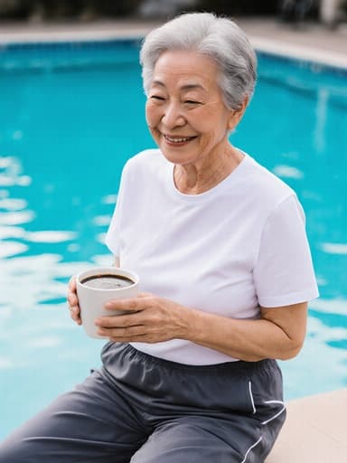 여유로운 표정을 짓고 있는 60대 아시아계 여성의 반신 촬영 이미지. 편안한 스포츠 의상을 입고 커피 잔을 들고 미소를 지으며 잔을 바라보고 있습니다. 배경에는 잔잔한 물결이 일렁이는 푸른 수영장이 있어 평화로운 분위기를 더하고 있습니다.