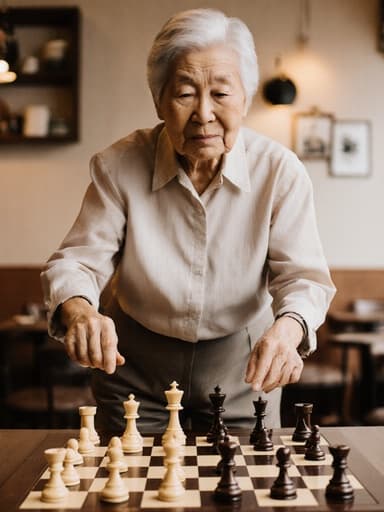 80대 동양인 여성이 캐주얼한 블라우스와 편안한 바지를 입고, 아늑한 카페에서 체스판이 놓인 테이블 옆에 서 있는 모습이 전체적으로 촬영되었습니다. 그녀는 불편한 표정을 지으며 체스 게임을 즐기지 않는 듯 점프하고 있습니다. 카페의 따뜻한 분위기와 체스판이 강렬한 이야기를 만들어냅니다.