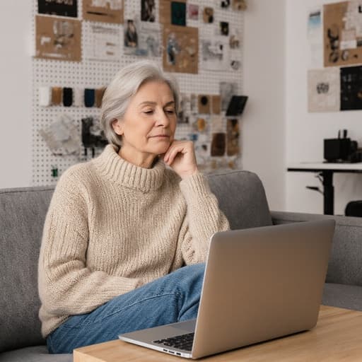 디자인 작업실에서 소파에 앉아 있는 40대 백인 여성의 반신 사진입니다. 그녀는 편안한 니트 스웨터와 청바지를 입고 있으며, 집중력이 떨어진 듯한 피곤한 표정을 짓고 있습니다. 손으로 턱을 받치고 노트북을 바라보고 있습니다. 배경에는 다양한 디자인 샘플과 도구들이 정리된 벽이 있어 창의적인 분위기를 만들어냅니다.