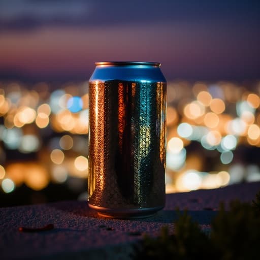 금속 질감과 빛 반사가 있는 음료 캔의 클로즈업이 아름다운 도시의 야경과 부드러운 보케 조명, 따뜻한 빛 속에 설정되어 있습니다.
