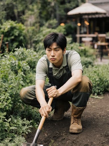 편안한 작업복과 장화를 입은 10대 후반의 동양인 남성이 정원 도구를 들고 스트레칭하며 약간 짜증난 표정을 짓고 있는 반신 사진이 담겨 있으며, 배경에는 작은 카페가 보이는 푸른 식물들이 가득한 정원이 펼쳐져 있습니다.