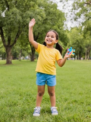 7세 라틴계 여성의 반신 사진으로, 자연스러운 외모로 귀엽게 웃으며 퍼즐 조각을 들고 인사하는 모습입니다. 밝은 색상의 티셔츠와 반바지, 스니커즈를 착용하고 있습니다. 배경은 나무와 잔디가 가득한 푸르른 공원으로, 즐겁고 매력적인 분위기를 조성하고 있습니다.