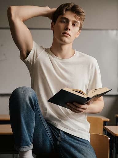 20대 유럽계 남성이 편안한 티셔츠와 청바지를 입고 반신 촬영된 모습입니다. 그는 무관심한 표정을 지으며 한 손에 교과서를 들고 다른 손을 스트레칭하고 있습니다. 배경은 강의실의 책상이 보이며 학문적이고 편안한 분위기를 만들어냅니다.