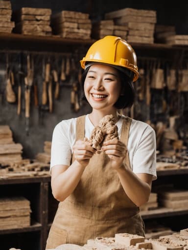 30대 아시아계 여성이 작업복과 안전모를 착용하고, 나무 조각을 들고 즐겁게 춤추듯이 움직이는 모습의 전신샷. 잘 정돈된 도구와 나무가 있는 작업장에서 촬영되어 편안하고 즐거운 분위기를 보여줍니다.