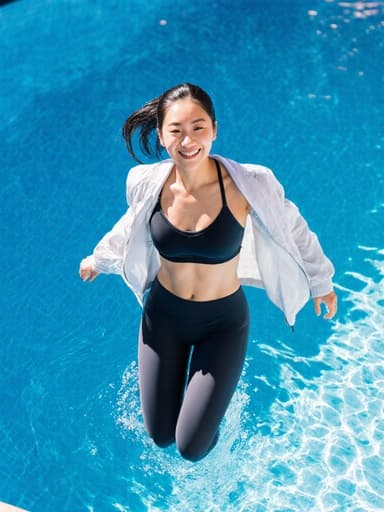 20대 동양인 여성의 전신 샷으로, 세련된 스포츠 브라탑과 레깅스를 착용하고 수영복 위에 경량 재킷을 걸치고 있습니다. 그녀는 맑은 푸른 수영장 가장자리에서 점프하는 모습으로, 햇빛이 물 위에 반사되고 있습니다. 고급스러운 표정과 자신감 넘치는 미소를 지으며, 상쾌한 물속으로 뛰어들 준비를 하고 있습니다.