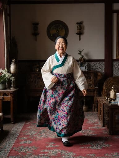 80대 동양인 여성이 전통 한복을 입고 활기차게 달리는 자세를 취하며 평온한 표정을 짓고 있는 전체 신체 샷. 아름다운 전통 가구와 소품으로 꾸며진 거실 배경에서 따뜻함과 우아함이 느껴진다.