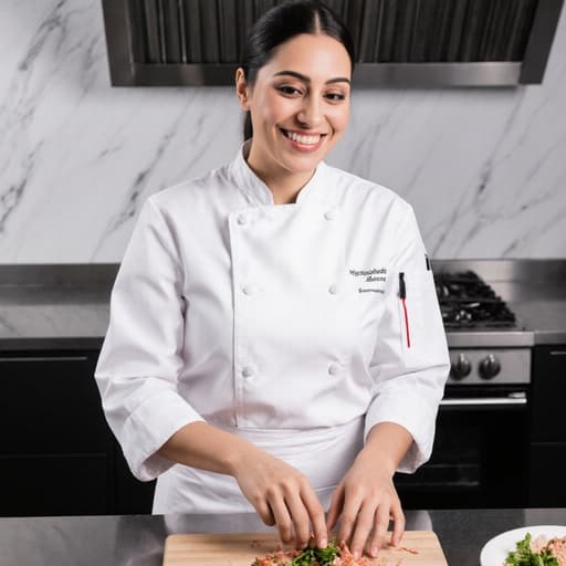 30대 중동계 여성이 흰색 요리사 복과 앞치마를 착용한 채로 세련되고 현대적인 주방에서 재료를 손질하며 밝게 미소 짓고 있습니다. 그녀의 따뜻한 표정은 요리에 대한 열정을 나타내며, 깔끔한 주방 환경이 그녀의 전문적인 태도를 더욱 돋보이게 합니다.