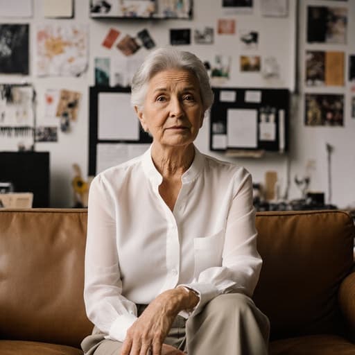 60대 혼혈 여성이 디자인 스튜디오의 소파에 앉아 있는 반신 사진. 그녀는 세련된 블라우스와 편안한 바지를 입고 있으며, 무릎에 팔을 괴고 걱정스러운 표정을 짓고 있다. 디자인 샘플과 도구들이 주위에 배치되어 있어 사려 깊은 분위기를 자아낸다.