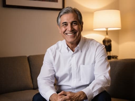 60대 라틴계 남성이 전통적인 의사 복장을 입고 따뜻하게 웃으며 상담실 바닥에 앉아 있습니다. 부드러운 조명과 편안한 의자가 아늑한 분위기를 만들어 그의 친근한 태도를 강조합니다.