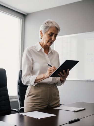 60대 유럽계 여성이 편안한 블라우스와 슬랙스를 입고 현대적인 디자인의 회의실에서 태블릿을 보며 노트를 작성하는 모습이 반신 촬영으로 포착되었습니다. 그녀는 무관심한 표정을 짓고 있으며, 배경에는 세련된 회의 테이블과 화이트보드가 있습니다.