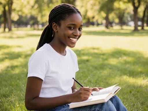10대 초반 아프리카계 소녀의 반신 사진으로, 편안한 티셔츠와 청바지를 입고, 노트에 글을 쓰며 행복하게 미소 짓고 있는 모습이며, 따뜻한 햇살이 비추는 푸른 잔디와 나무로 둘러싸인 공원 배경입니다.