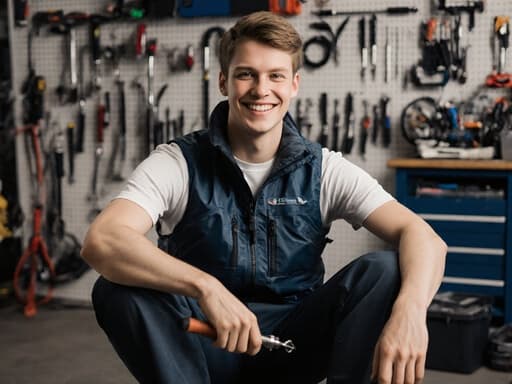 20대 유럽계 남성이 어선 정비 작업장에서 편안히 앉아 있으며, 방수 조끼와 작업복을 입고 있습니다. 그는 긍정적인 미소를 지으며 어선 정비 도구를 들고 있으며, 다양한 정리된 장비들로 둘러싸인 모습이 장인정신과 근면함의 본질을 강조합니다.