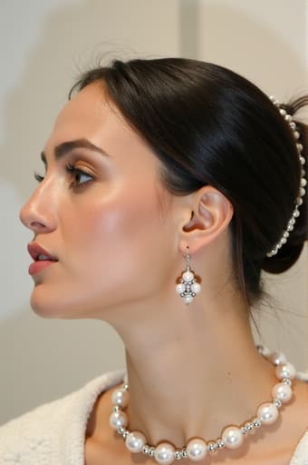 이미지는 고급 벨벳 표면 위에 우아하게 전시된 멋진 진주 목걸이와 매칭 귀걸이를 보여주며, 부드러운 조명이 진주의 뛰어난 광택과 장인 정신을 강조합니다. 전체적인 분위기는 세련됨과 고급스러움을 자아내어 고급 주얼리 광고에 완벽합니다.