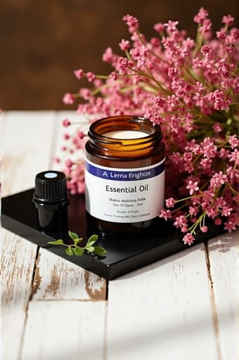 작은 유리병에 담긴 에센셜 오일이 나무 테이블 위에 우아하게 놓여 있습니다. 그 옆에는 섬세한 꽃이 장면에 부드러움을 더하며, 고요하고 초대하는 분위기를 만들어냅니다. 햇빛이 스며들어 따뜻한 빛을 비추며 구성의 자연스러운 느낌을 강조합니다.