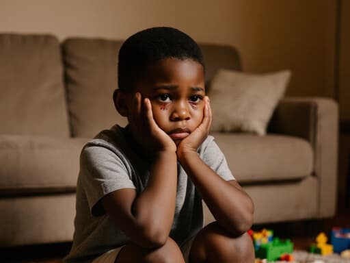 7세 흑인 남성이 귀여운 외모로 편안한 티셔츠와 반바지를 착용한 반신 촬영. 따뜻한 조명의 거실 바닥에 앉아 다리를 꼬고 있으며, 슬픈 표정으로 눈물이 글썽이고 있다. 그의 손은 얼굴을 감싸고 있어 취약한 감정을 전달하고 있다. 소파와 흩어진 장난감이 있는 아늑한 배경이 감정적인 분위기를 더욱 강조한다.