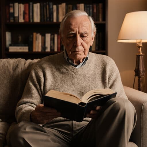 아늑한 거실에서 편안한 니트 스웨터와 슬랙스를 입고, 피곤한 표정으로 책을 읽고 있는 80대 유럽계 남성의 반신 촬영. 책장과 따뜻한 조명이 배경에 조화를 이루며, 독서에 집중하는 모습이 강조됩니다.