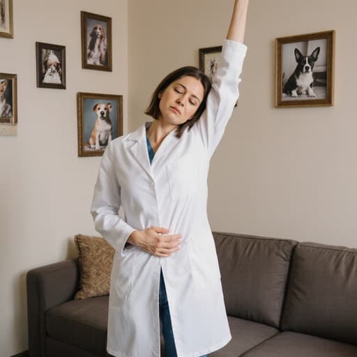 30대 백인 여성이 흰색 의사 가운과 청바지를 입고, 동물 병원 내부의 아늑한 대기실에서 약간 찡그린 표정으로 스트레칭하는 반신 촬영. 벽에는 동물 사진이 걸려 있고 편안한 소파가 배치되어 있다.