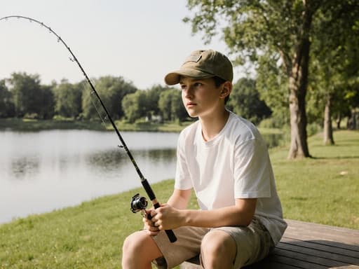 10대 초반의 백인 남성이 낚시 모자와 편안한 옷을 입고 테이블에 앉아 낚싯대를 들고 있는 모습입니다. 걱정스러운 표정으로 물고기를 기다리고 있으며, 잔디와 나무가 있는 평화로운 호수 근처의 공원에서 낚시하는 모습이 담겨 있습니다.