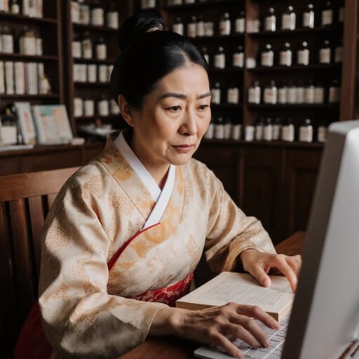 50대 동양인 여성의 반신 사진으로, 따뜻한 색상이 돋보이는 전통 한복을 입고 있습니다. 약간의 스트레스를 나타내는 표정으로 컴퓨터 화면을 스크롤하며 한의학 관련 서적을 참고하고 있는 모습이며, 아늑한 한의원 내부를 배경으로 하고 있습니다.