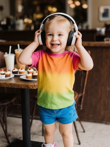 귀여운 외모를 가진 3세 백인 여자아이의 반신 사진. 화려한 색상의 티셔츠와 반바지를 입고 귀여운 스니커즈를 신고 있다. 장난스럽게 웃고 있는 표정과 반짝이는 눈빛을 지니며, 작은 헤드폰을 귀에 쓴 채 리듬을 타며 즐거운 자세를 취하고 있다. 배경은 다양한 음료와 디저트가 놓인 아늑한 카페 내부로, 그녀의 장난스러운 모습이 더욱 돋보이는 따뜻하고 매력적인 분위기를 연출하고 있다.