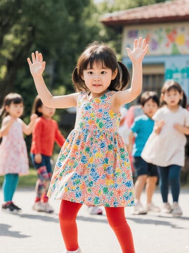 7세 한국인 여성의 전체 몸샷으로, 귀여운 외모를 지니고 있으며, 밝은 색상의 원피스와 레깅스를 착용하고, 두 손을 들고 즐겁게 춤추고 있는 모습입니다. 배경은 친구들과 함께 놀고 있는 유치원 놀이터로, 어린 시절의 호기심과 행복함을 잘 담고 있습니다.