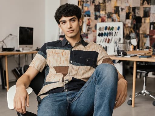 자신감 넘치는 20대 라틴계 남성이 스타일리시한 디자인 셔츠와 청바지를 입고 현대적인 디자인 작업 공간의 의자에 편안하게 앉아 있습니다. 다양한 디자인 도구와 샘플들이 배치된 이 공간에서 부드러운 조명이 전문적이면서도 편안한 분위기를 만들어내며 그의 자연스러운 외모와 자신감 넘치는 표정을 강조합니다.