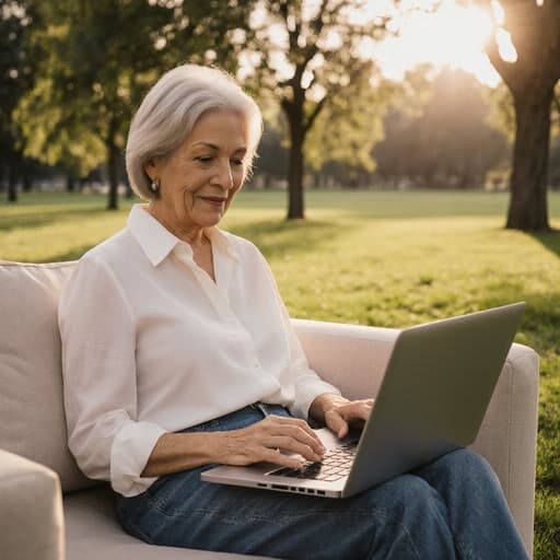 50대의 라틴계 여성의 반신 사진으로, 자연스러운 외모를 가진 인물이 조용한 공원 배경의 소파에 편안하게 앉아 있습니다. 그녀는 캐주얼 블라우스와 청바지를 착용하고 있으며, 노트북에 글을 쓰면서 평온한 표정을 짓고 있습니다. 따스한 햇빛이 나무 사이로 비추어 그녀와 주변의 푸른 잔디에 부드러운 빛을 드리워, 창의성과 영감을 반영하는 조화로운 분위기를 만들어냅니다.
