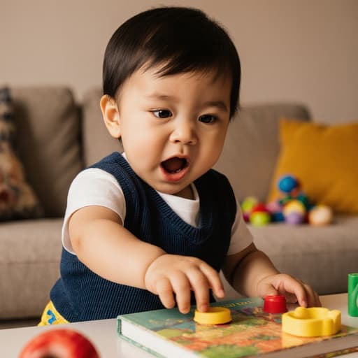 귀여운 표정의 1세 라틴계 남자 아기가 배고픈 표정을 짓고 입을 벌리고 눈을 크게 뜨고 있는 반신 촬영. 편안한 티셔츠와 조끼, 밝은 색상의 바지를 입고 있는 아기가 테이블 위의 장난감이나 책을 향해 손을 뻗고 있으며, 따뜻한 느낌의 거실 배경에는 장난감이 흩어져 있고 아늑한 소파가 있어 장난스럽고 호기심 가득한 분위기를 만들어냅니다.